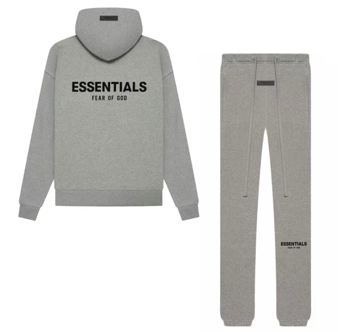 Essentials-style hoodie and sweatpants set oversized streetwear under 100 in the color grey , light grey , dark oatmeal 
