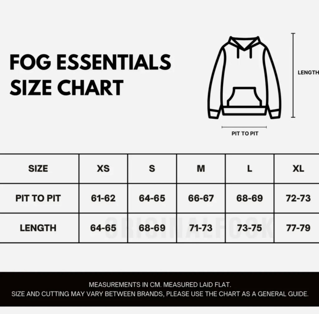 Essentials hoodie sizing chart with inches and centimeters for chest, sleeves and length