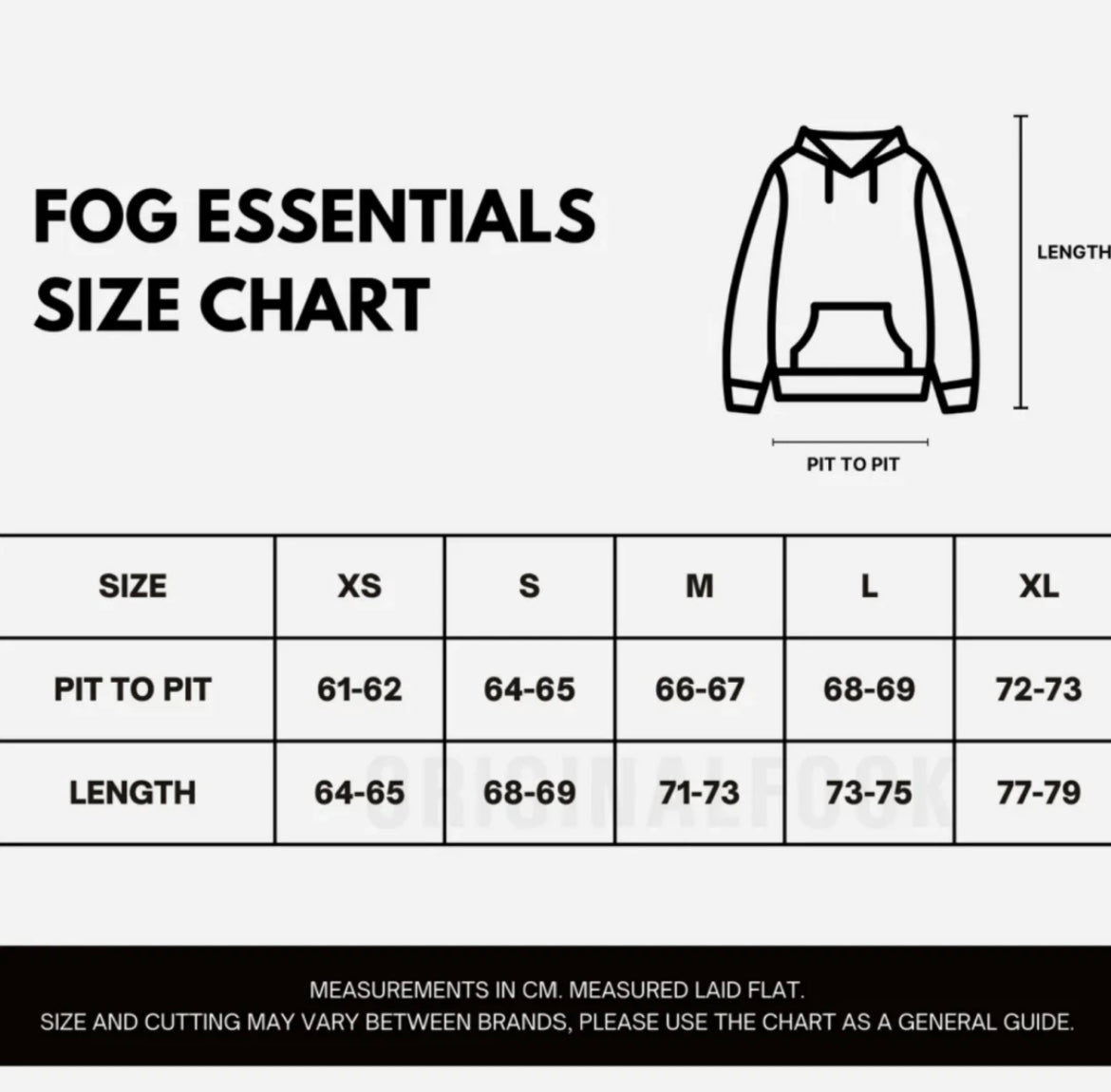 Essentials hoodie sizing chart with inches and centimeters for chest, sleeves and length