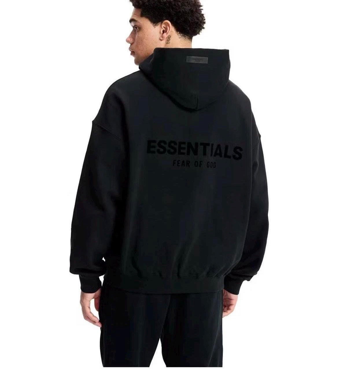Affordable Fear of God style Essentials hoodie, oversized streetwear fit for college fashion in the color black stretch limo
